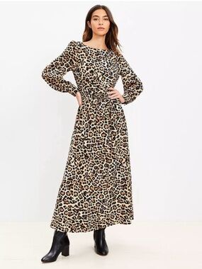 Loft Leopard Print Maxi Smocked Waist Long Sleeve Dress Size MT Medium Tall